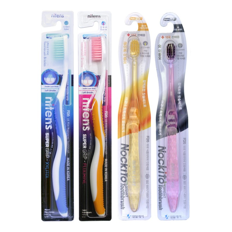 Набор зубных щеток cо сверхтонкой двойной щетиной (средней жесткости, мягкой и супермягкой) прямой и изогнутой ручкой, обычной и компактной головкой, 4 шт : c наночастицами золота, древесным углем, “Фтор”, “Ксилит”.