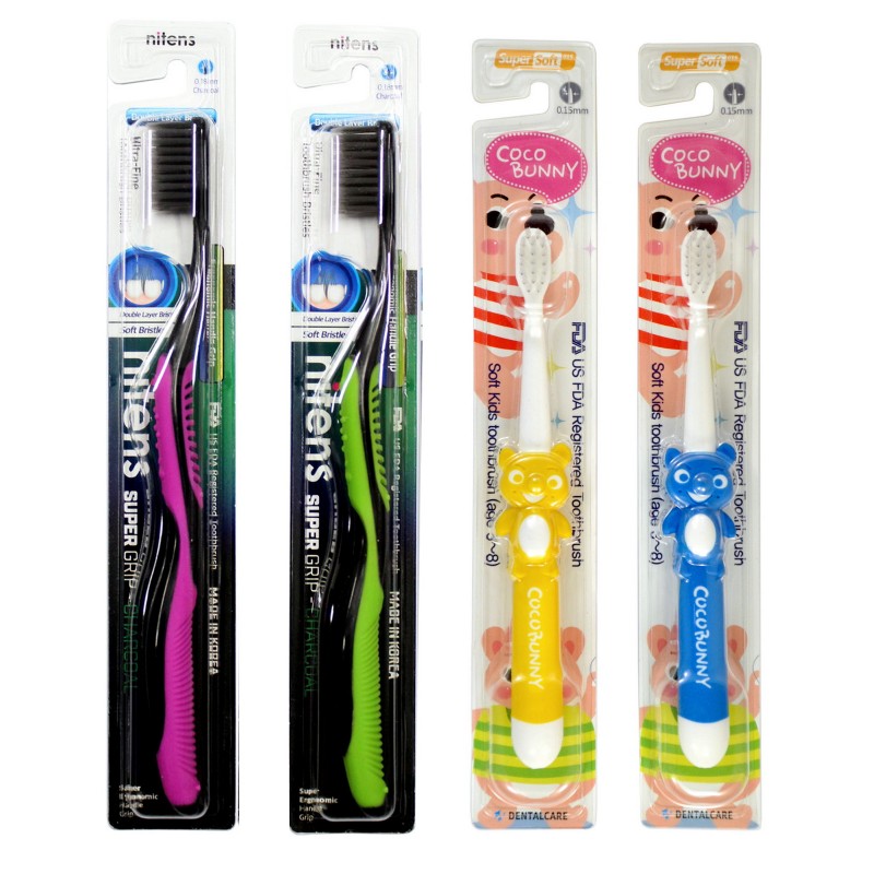 Набор мягких зубных щеток «Семейный»: для детей 3-8 лет и для взрослых с древесным углем, сверхтонкой двойной щетиной и изогнутой ручкой, 4 шт.