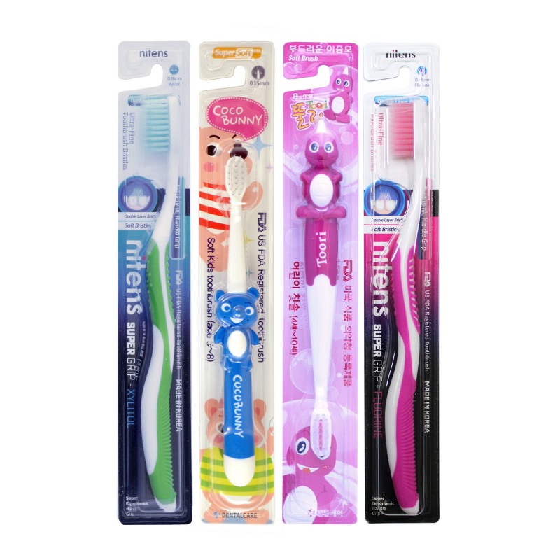 Набор зубных щеток cо сверхтонкой двойной щетиной (средней жесткости и мягкой) и прозрачной прямой ручкой, 4 шт : c наночастицами золота, древесным углем, “Фтор”, “Ксилит”.